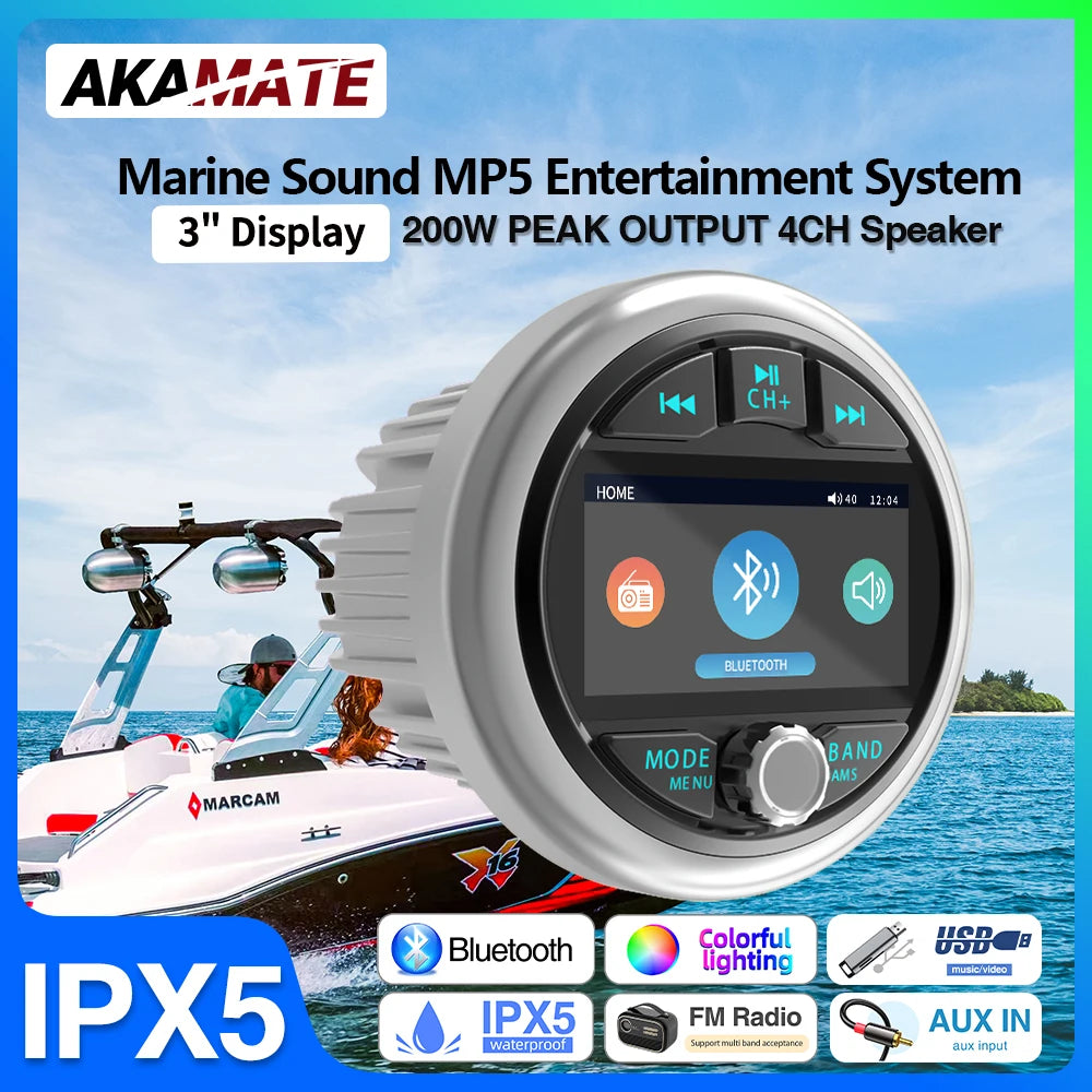 AKAMATE Boat Radio MP5 Marine Stereo Source Media Player AM FM RDS Receiver MP3 MP4 Video Play Bluetooth AUX for ATV UTV SPA RZR