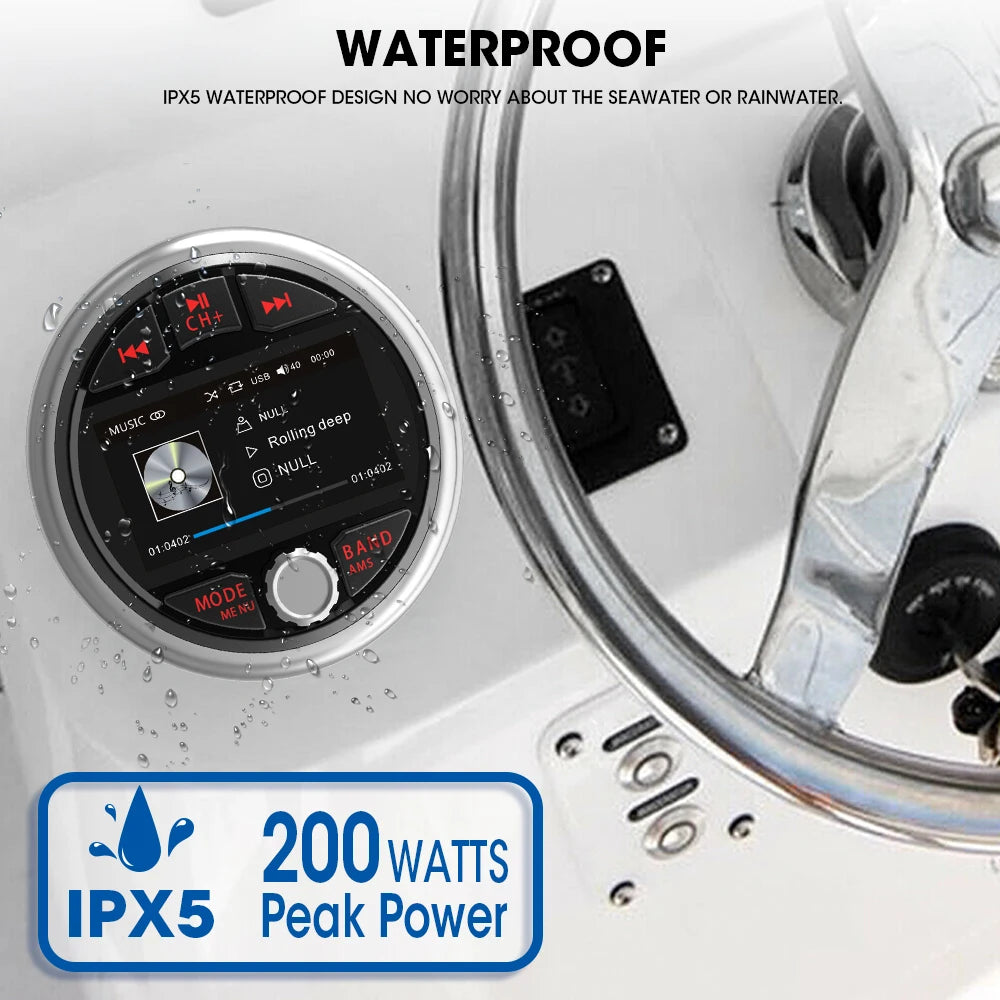 AKAMATE Boat Radio MP5 Marine Stereo Source Media Player AM FM RDS Receiver MP3 MP4 Video Play Bluetooth AUX for ATV UTV SPA RZR