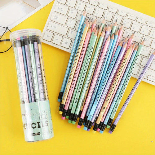 1 Barrel of 30 Hb Pencils in Random Colors, Triangular Barrel for Elementary School Students, Posture-Correcting Pencils, Creative Cartoon Writing Pens, 30-Piece Barrel of Pencils, Office Pencils