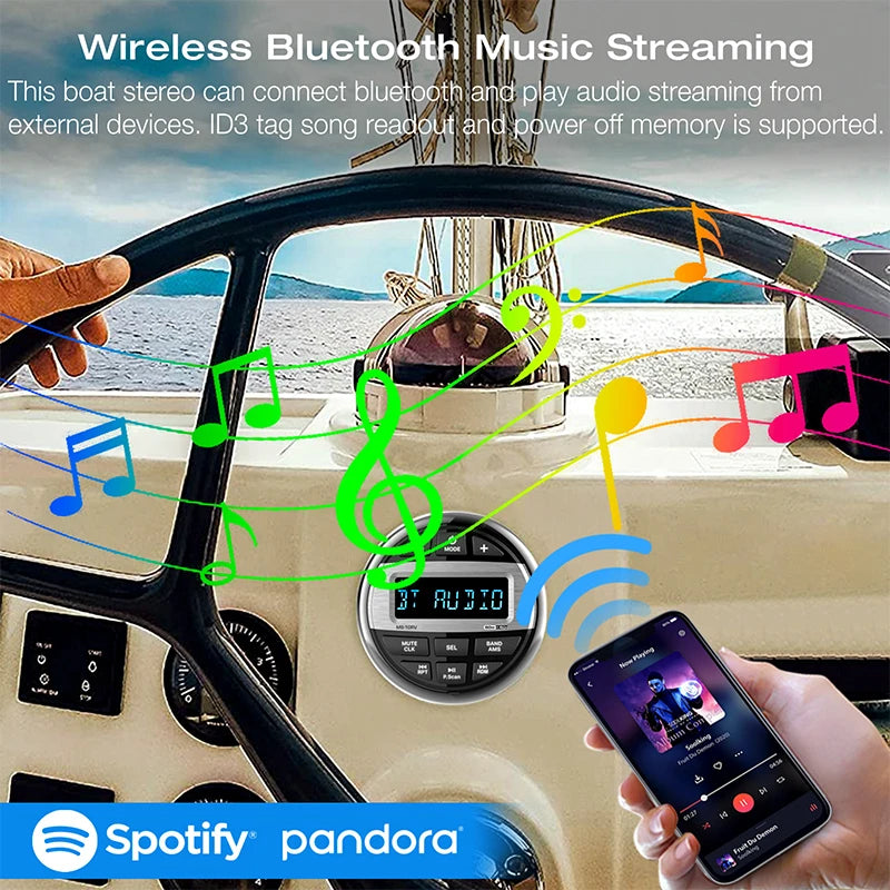 Boat Radio Media Player Marine Stereo MP3 Waterproof Bluetooth Audio Radio FM AM Receiver Fit for Harvesters ATV UTV SPA RZR