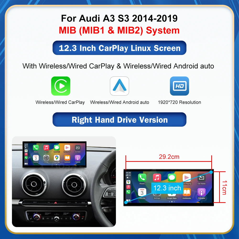CN Road Top 12.3 Inch Touch Display For Audi A3 S3 2014-2019 Multimedia Player Andriod Auto Link GPS Carplay Screen Car Play