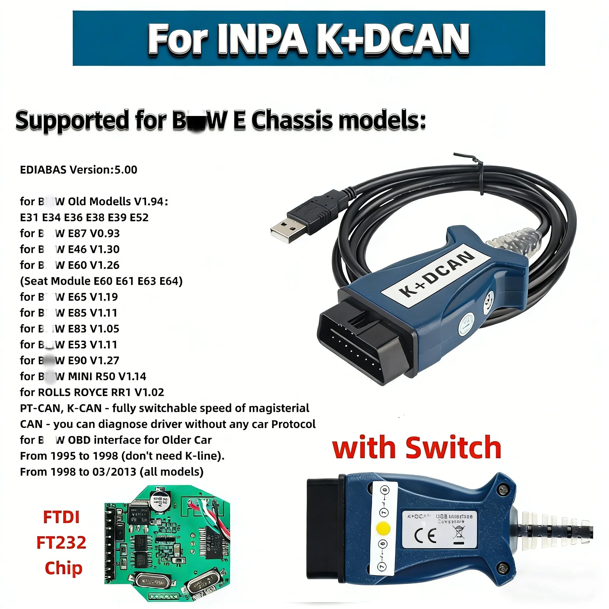 For INPA K DCAN FTDI USB OBDII Diagnostic Interface For B_MW Series e60 K+CAN K-Line OBD2 Car Diagnostic Tool