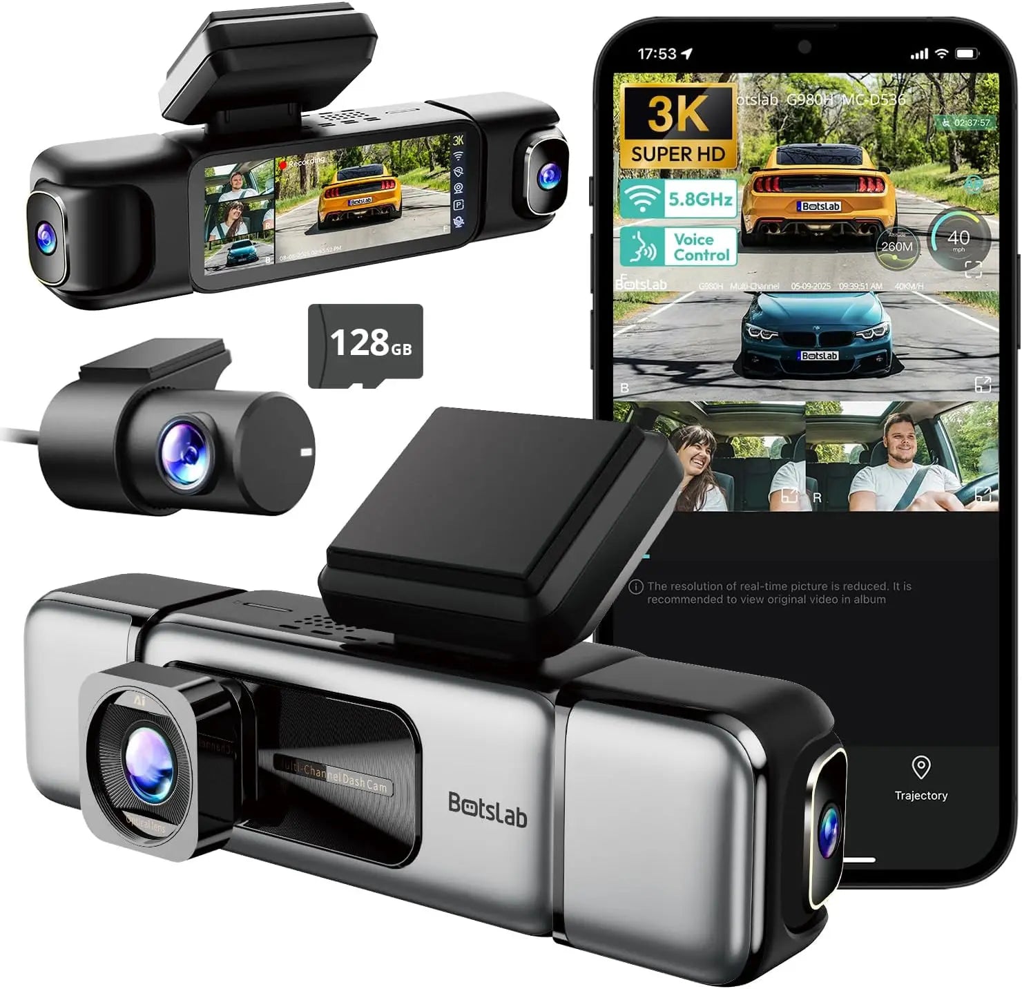 3K 4 Channel Dash Cam 560° All-Sides View Front Rear Inside Car Camera GPS WiFi Night Vision Voice Control Free 128GB Card