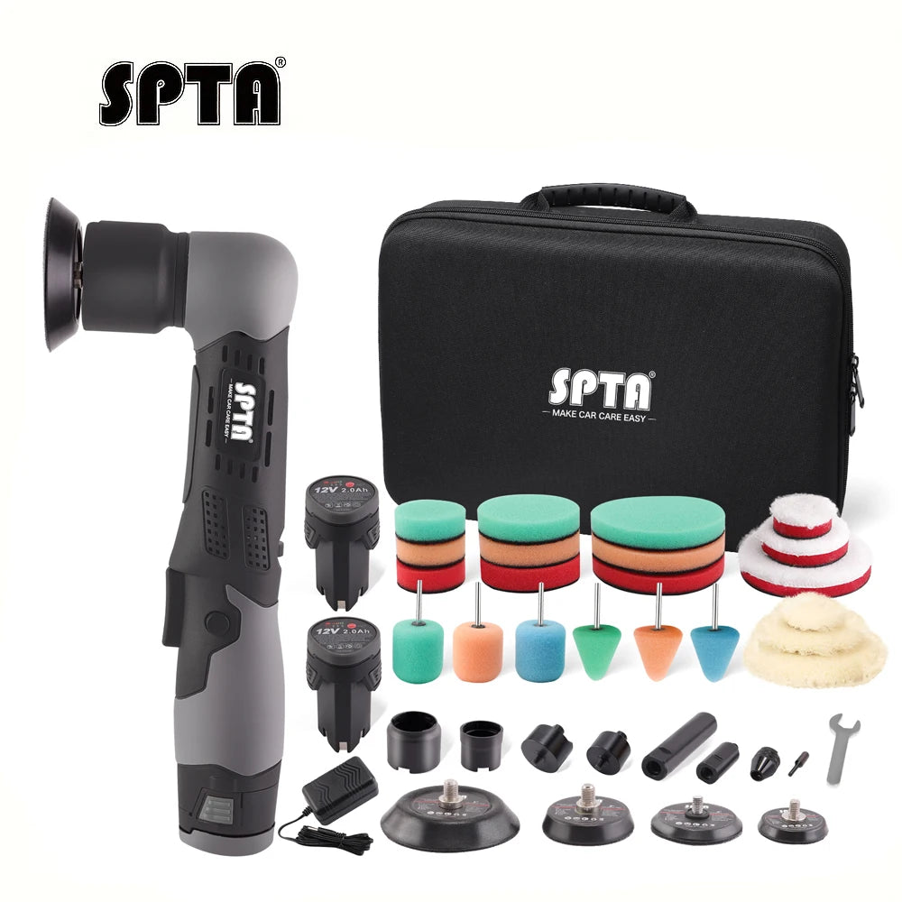 SPTA Mini Cordless Polisher for Car Detailing 2x2.0Ah Batteries Dual Action Rotary Buffer Auto Machine Set with Polishing Pads