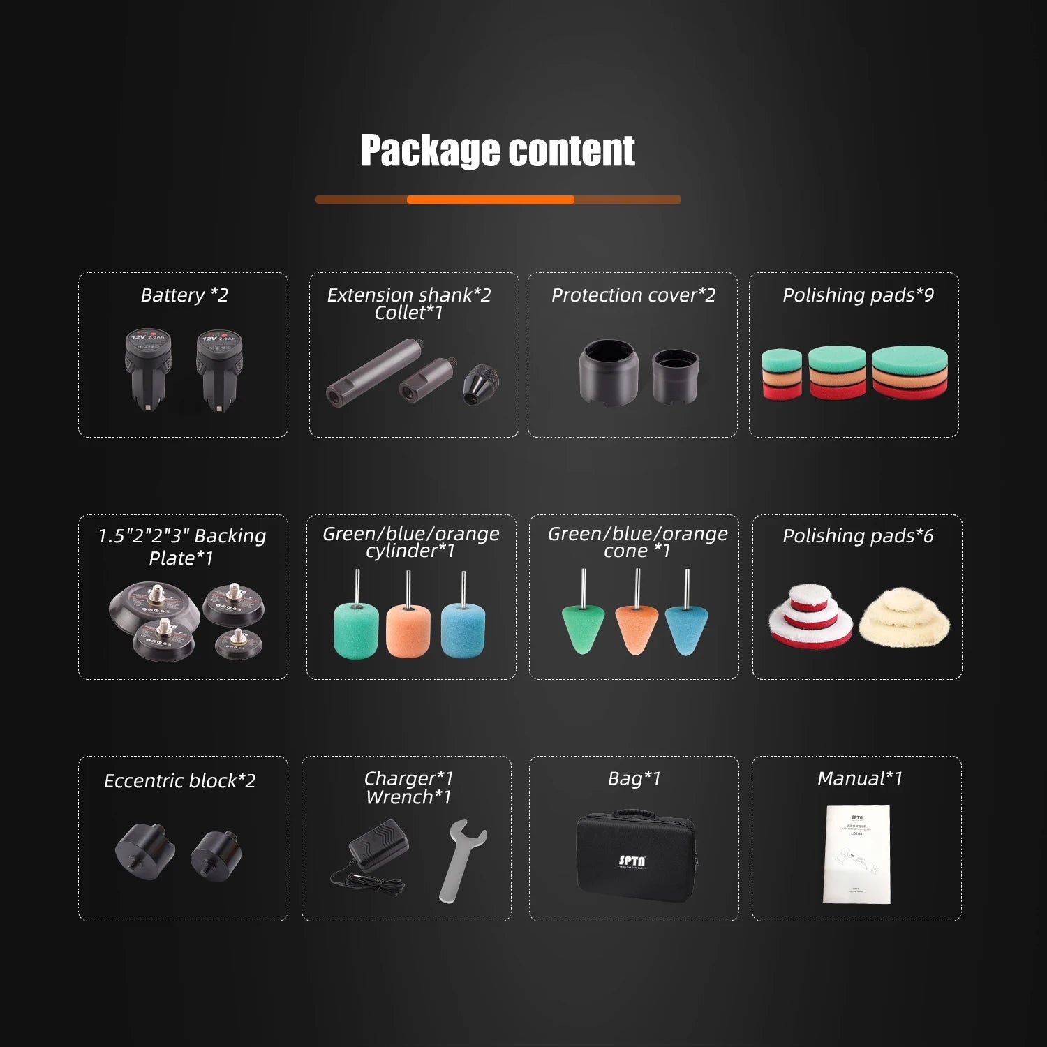 SPTA Mini Cordless Polisher for Car Detailing 2x2.0Ah Batteries Dual Action Rotary Buffer Auto Machine Set with Polishing Pads