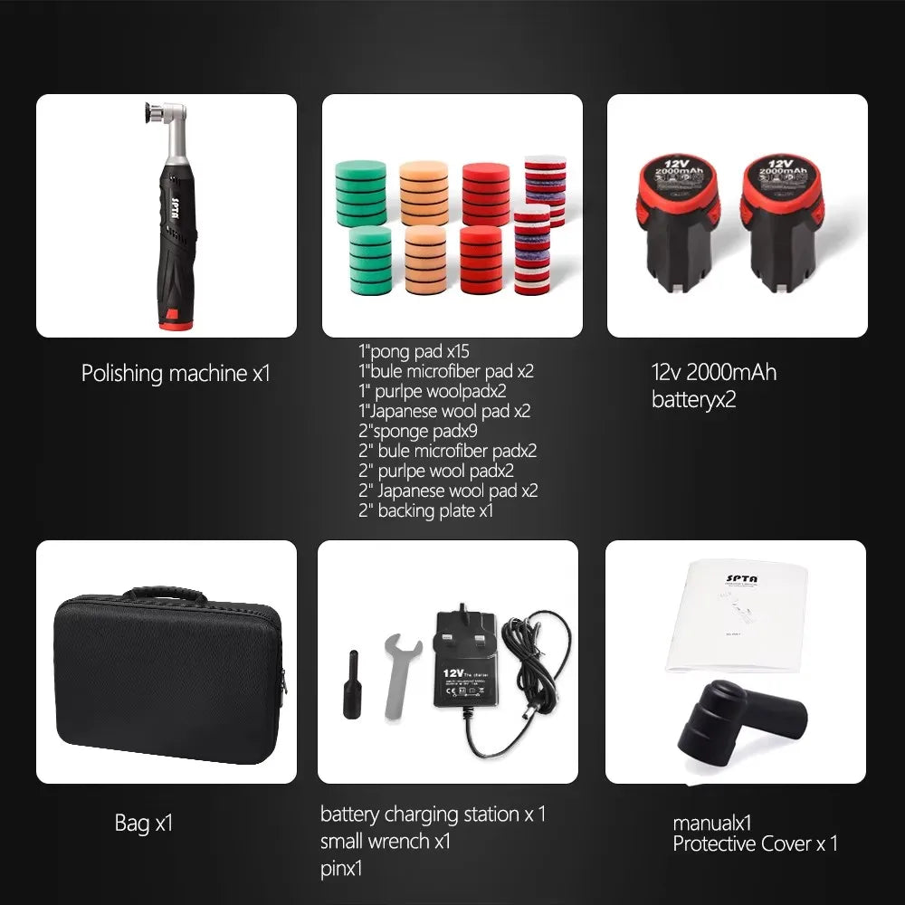 SPTA LD101 Cordless Mini Car Polisher,12V Micro Cordless Scratches Killer RO/DA Mini Car Polisher for Polishing and Cleaning