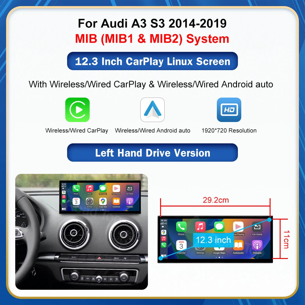 CN Road Top 12.3 Inch Touch Display For Audi A3 S3 2014-2019 Multimedia Player Andriod Auto Link GPS Carplay Screen Car Play