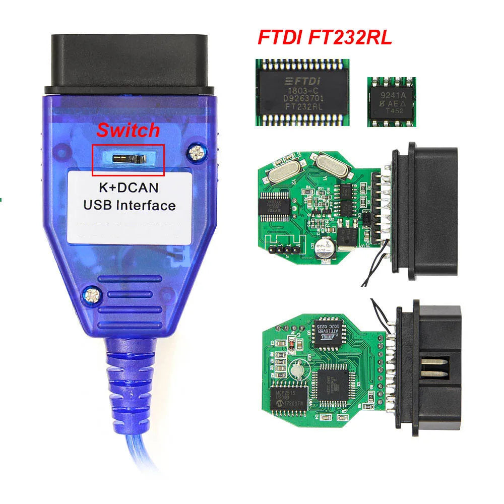 K DCAN K+CAN FTDI Chip OBD2 Auto Car Diagnostic Tools OBD 2 Scanner Switch USB Interface Cable K + DCAN OBD Diagnostic Cable