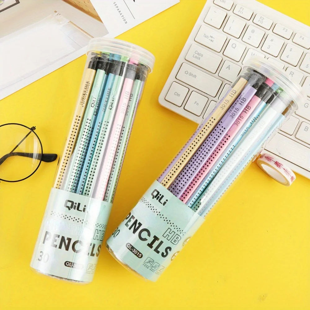 1 Barrel of 30 Hb Pencils in Random Colors, Triangular Barrel for Elementary School Students, Posture-Correcting Pencils, Creative Cartoon Writing Pens, 30-Piece Barrel of Pencils, Office Pencils