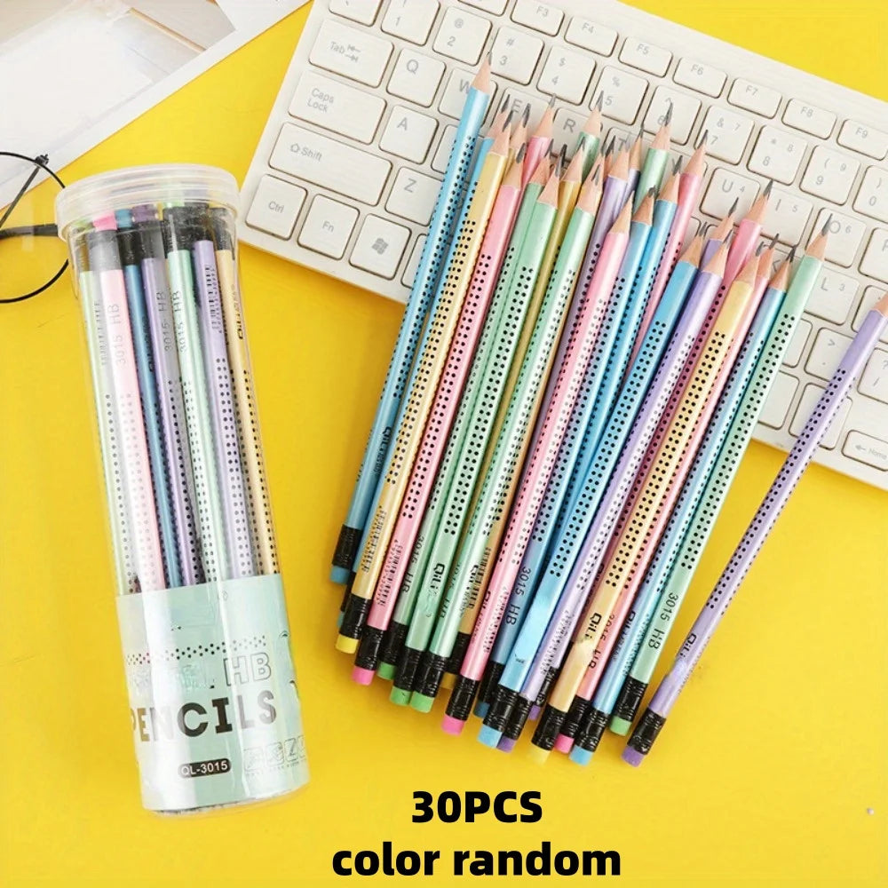 1 Barrel of 30 Hb Pencils in Random Colors, Triangular Barrel for Elementary School Students, Posture-Correcting Pencils, Creative Cartoon Writing Pens, 30-Piece Barrel of Pencils, Office Pencils